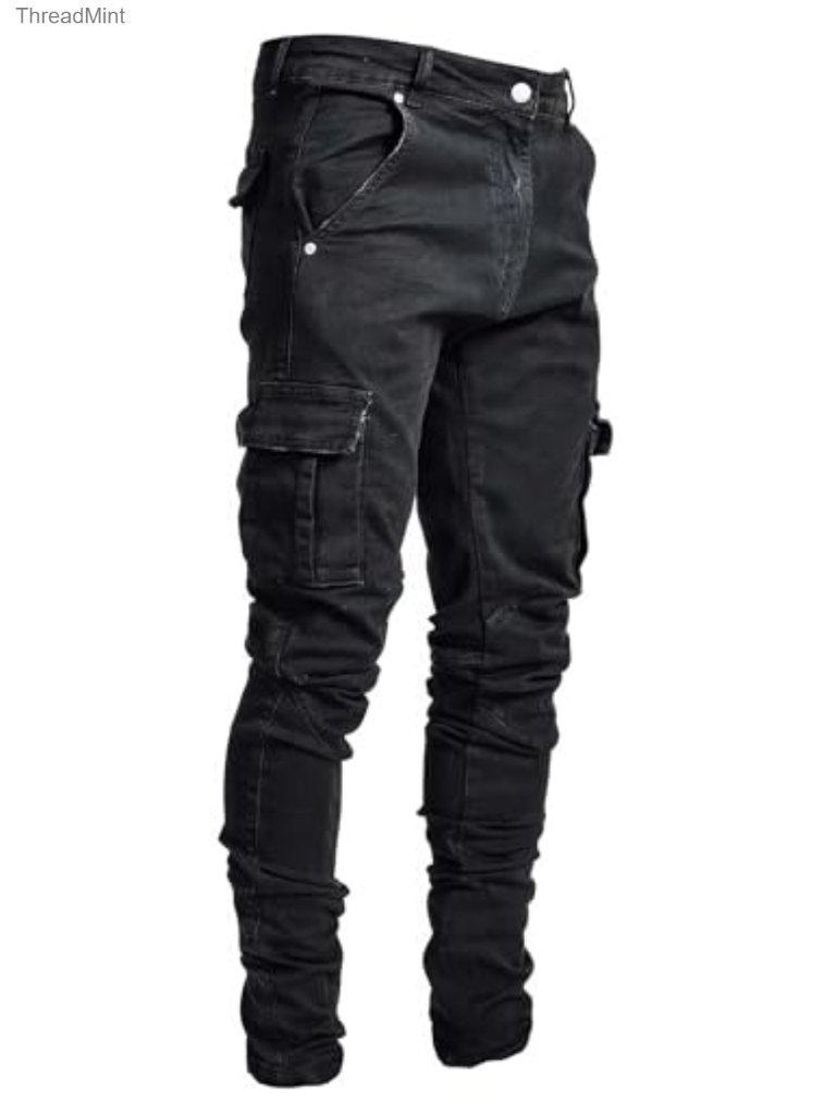 Men's Slim Fit Stretch Cargo Jeans Straight Leg With Multi Pockets